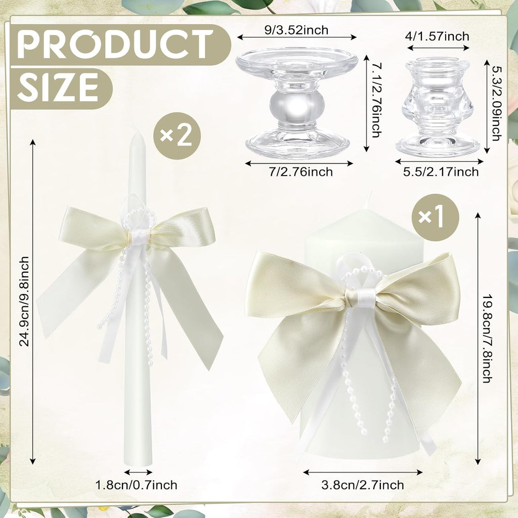 3 Pcs Unity Candles for Wedding with Bow and Holder, Ivory
