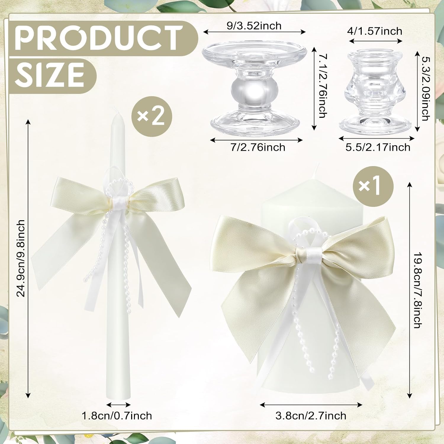 3 Pcs Unity Candles for Wedding with Bow and Holder, Ivory