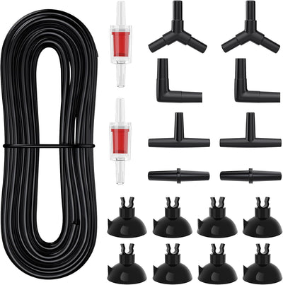 25 Feet Black Airline Tubing Standard Aquarium Air Pump Accessories Set with Suction Cups Connectors and Check Valves
