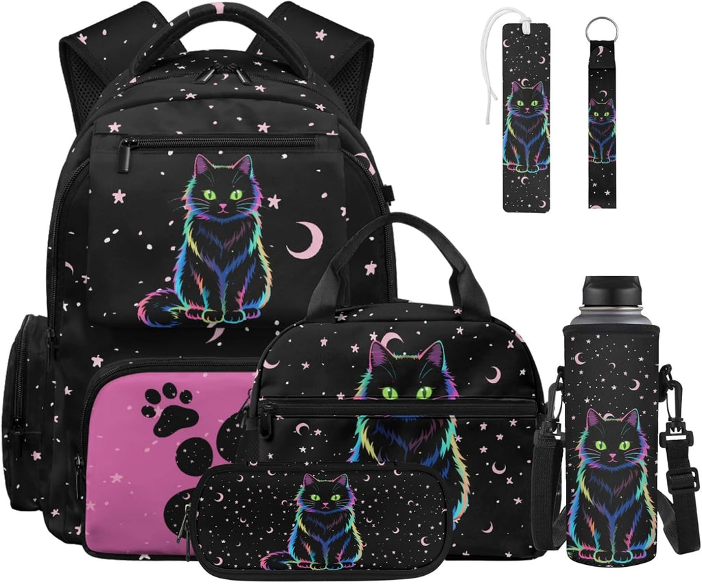 Cat Paw Moon Star Print Backpack for Kids Girls School Bags Teen Bookbags Set of 6 pcs Rucksack School Backpack with