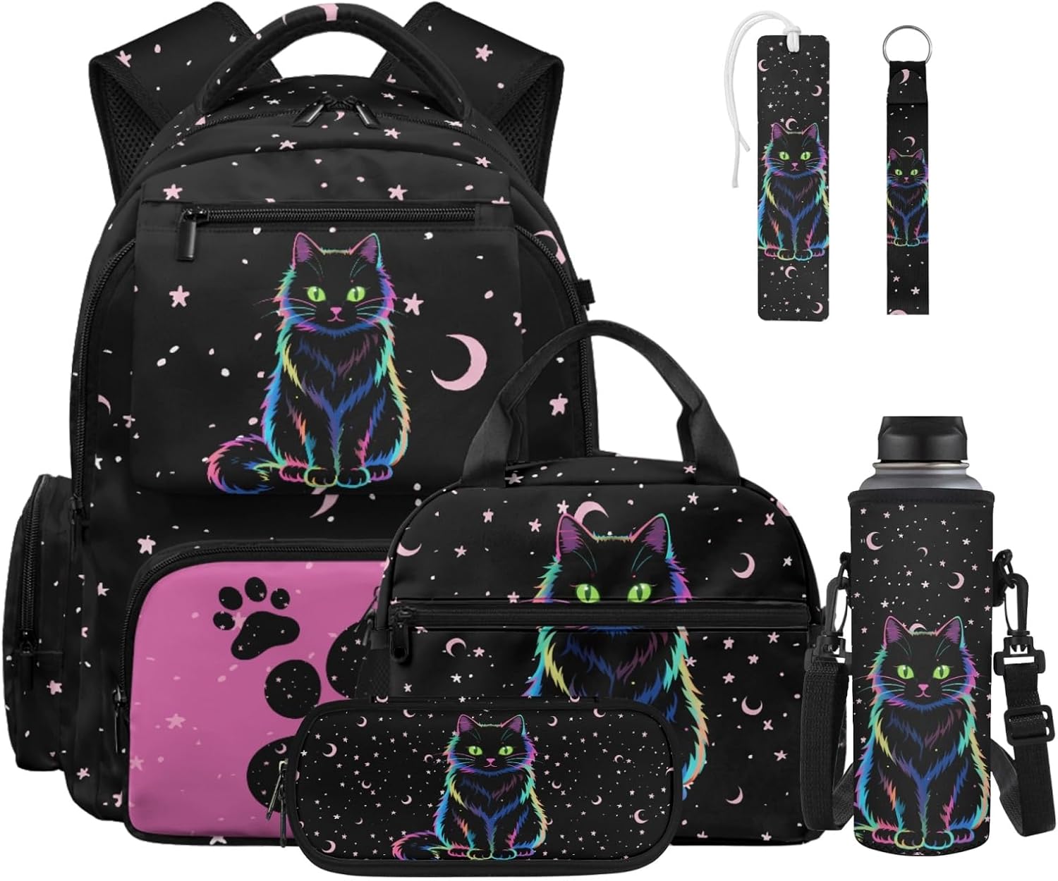 Cat Paw Moon Star Print Backpack for Kids Girls School Bags Teen Bookbags Set of 6 pcs Rucksack School Backpack with