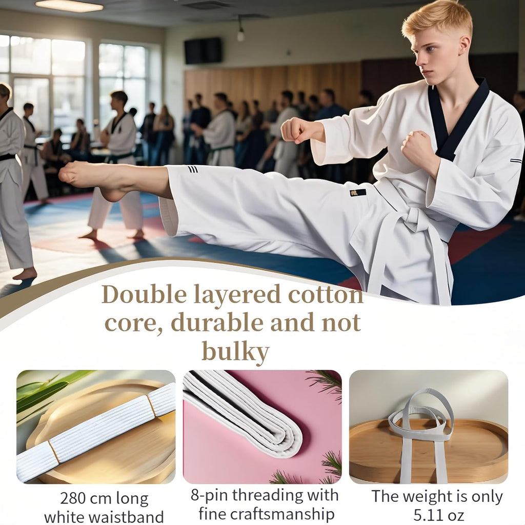 Premium 220cm/87 White Martial Arts Belt for Taekwondo Karate Judo - Double-Layered Cotton Core