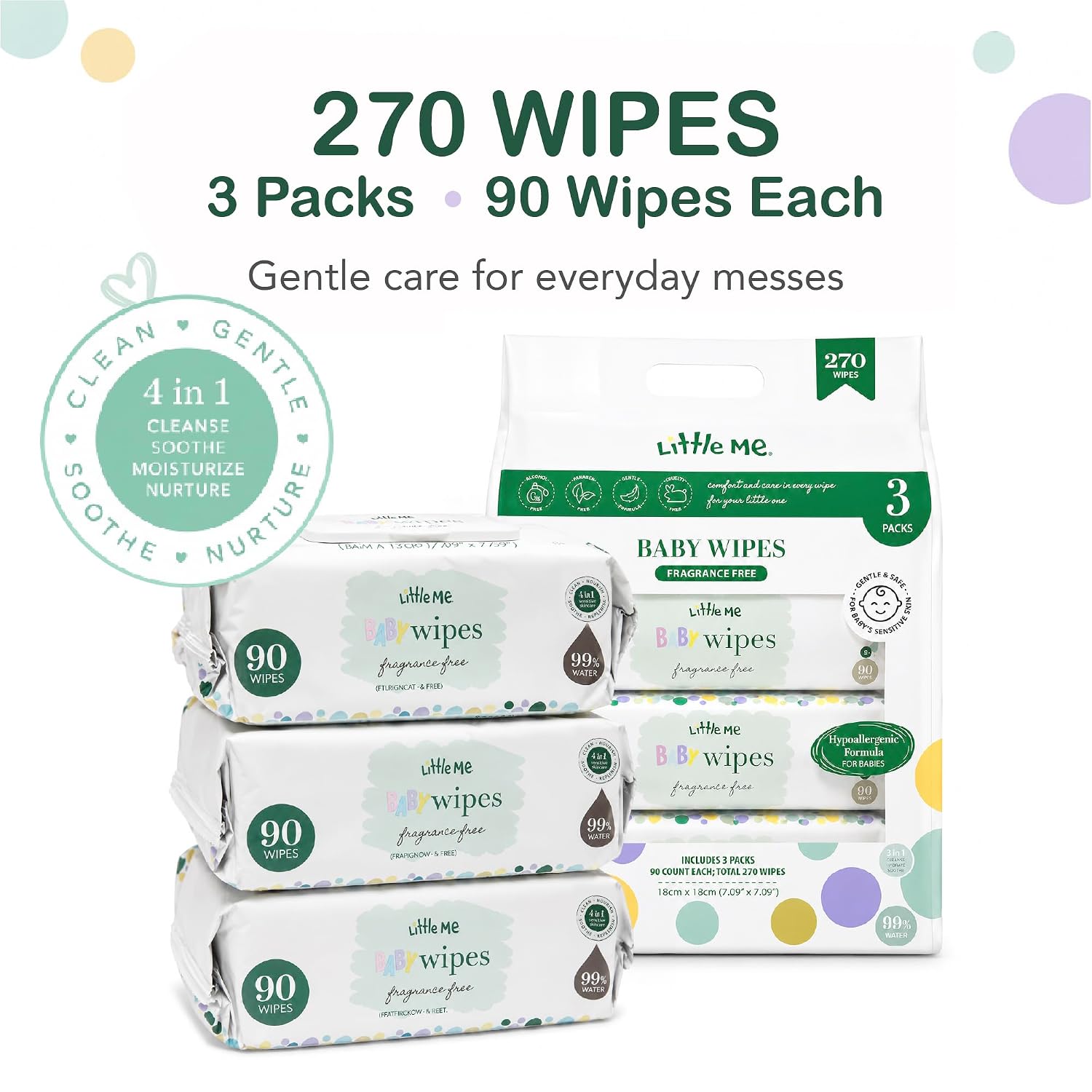 Baby Wipes, 270 Count (3 Packs of 90) – 99% Water, Alcohol Free, Paraben Free, Hypoallergenic, 4-in-1 Sensitive Skin