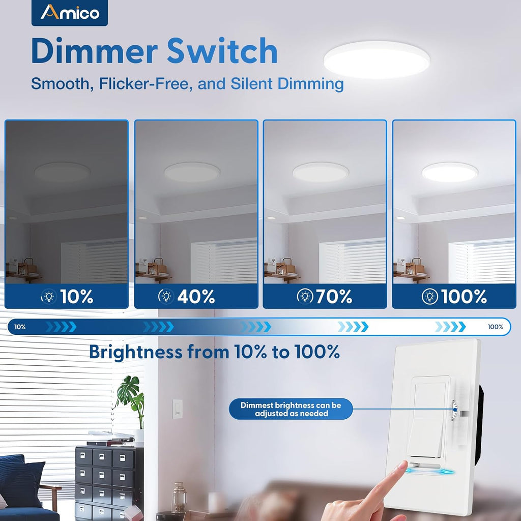 Amico 2 Pack Dimmer Light Switch, 1-Pole or 3-Way, Horizontal Slide, White