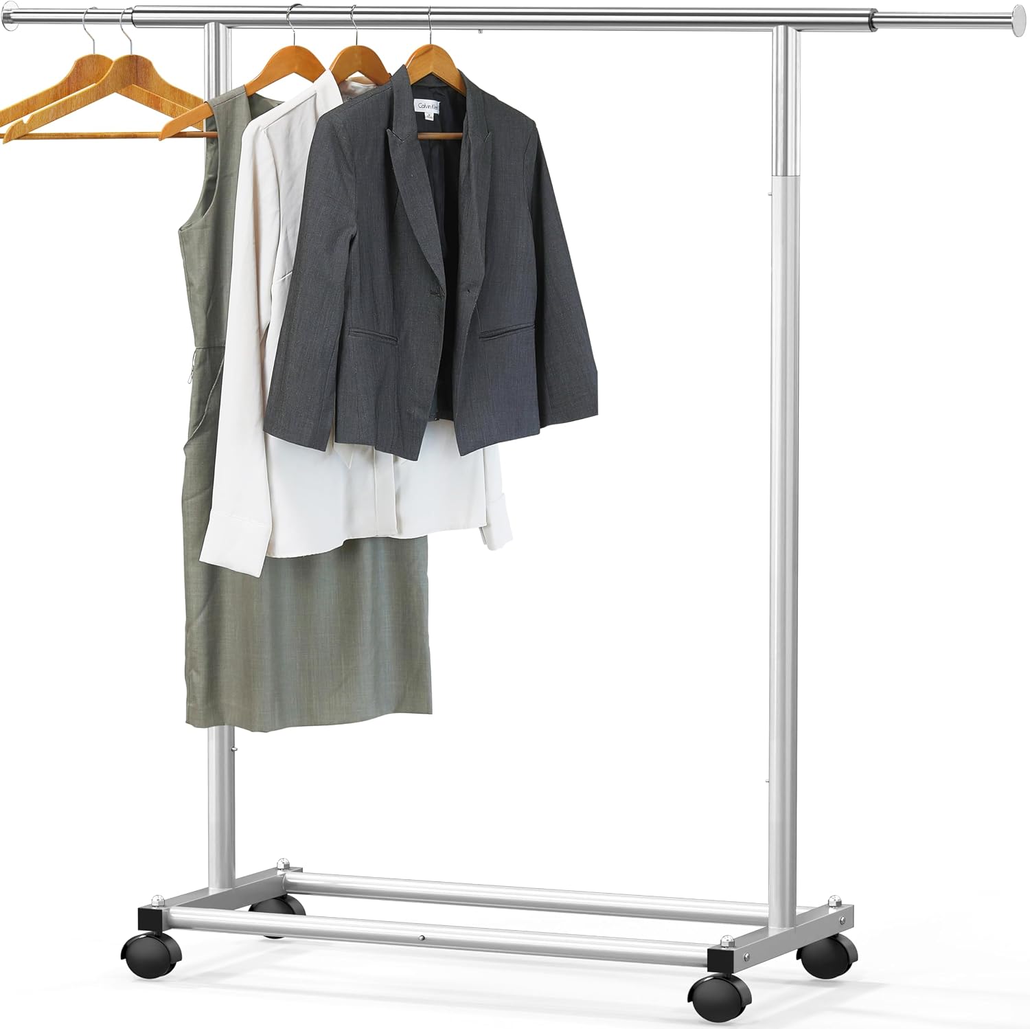Standard Rod Garment Clothing Rack, Silver | Single Rail, Extendable Width from 30 to 47 Inches, Rolling Clothing