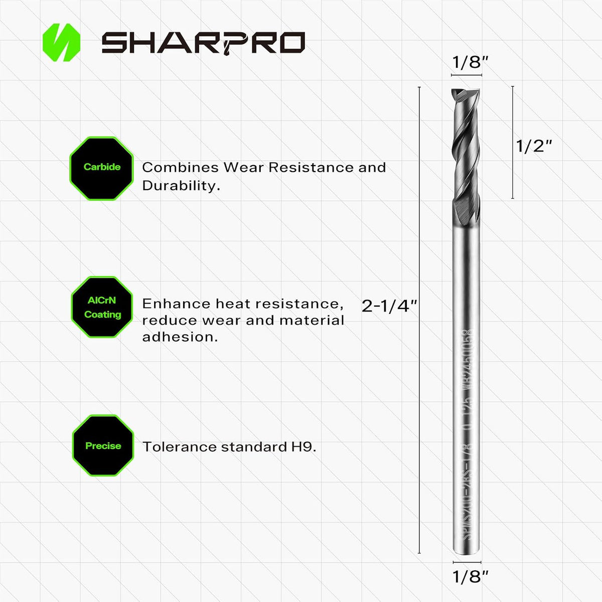 1/8'' Shank Carbide End Mills, 2 Flute Square End Mill Bits (5PCS)