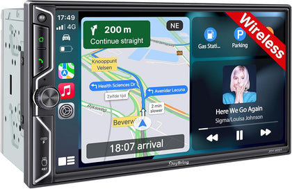 [QLED Screen Upgrade] 7" Double Din Car Stereo with Wireless Apple CarPlay and Android Auto, 240W Powerful Sound