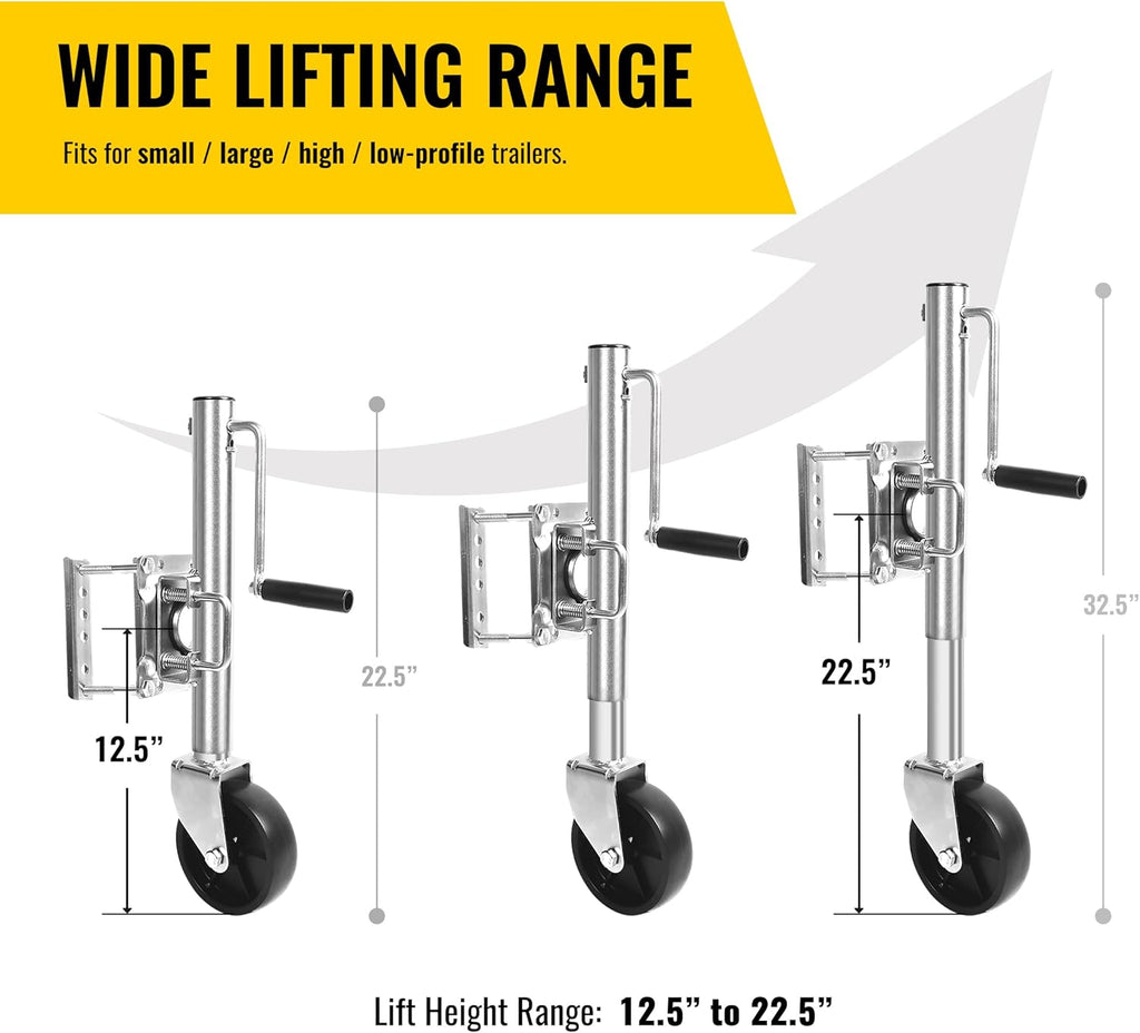 10" Lift Swing Back Trailer Jack - 1,000 lb Capacity Heavy Duty Bolt-On Trailer Tongue Jack with 6" Smooth-Rolling