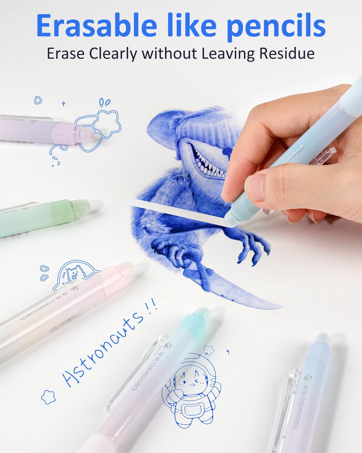 Erasable Pens, 6 Pack Fine Point 0.5mm Blue Erasable Gel Pens | 360°Rotating Erasers, Make Mistakes Disappear
