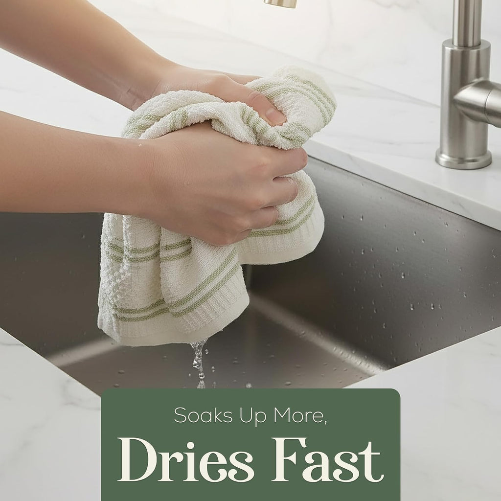 Kitchen Towels, Cotton Hand Towels, Sage Green and Cream Ribbed - Mini Weaved Stitched Set of 4 Absorbent Hand Drying