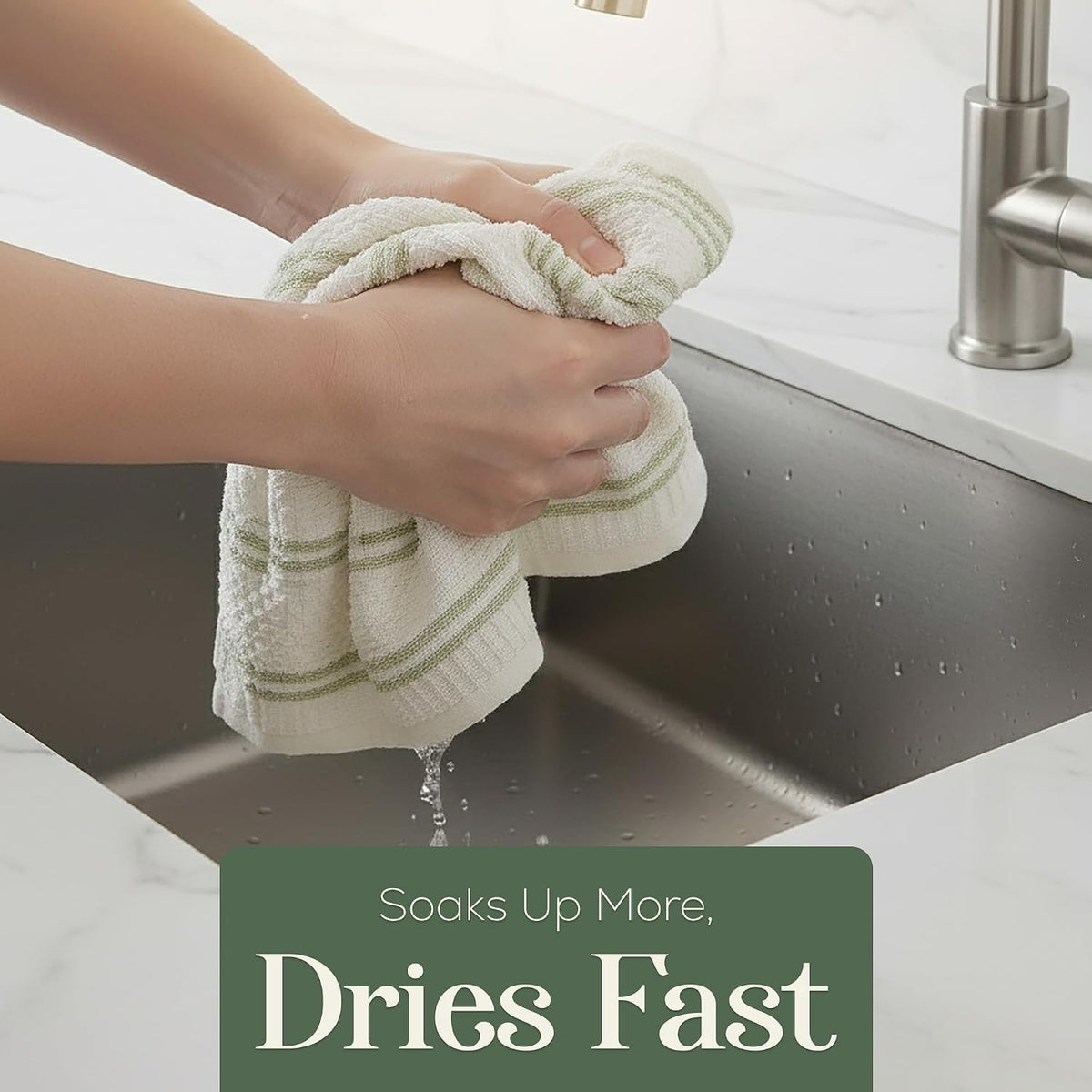Kitchen Towels, Cotton Hand Towels, Sage Green and Cream Ribbed - Mini Weaved Stitched Set of 4 Absorbent Hand Drying