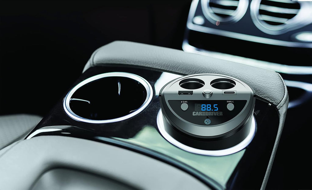 Smart FM Transmitter Bluetooth Cup Holder, Compatible with Alexa, Siri, and Google Assistant for Car, Dual USB-A and