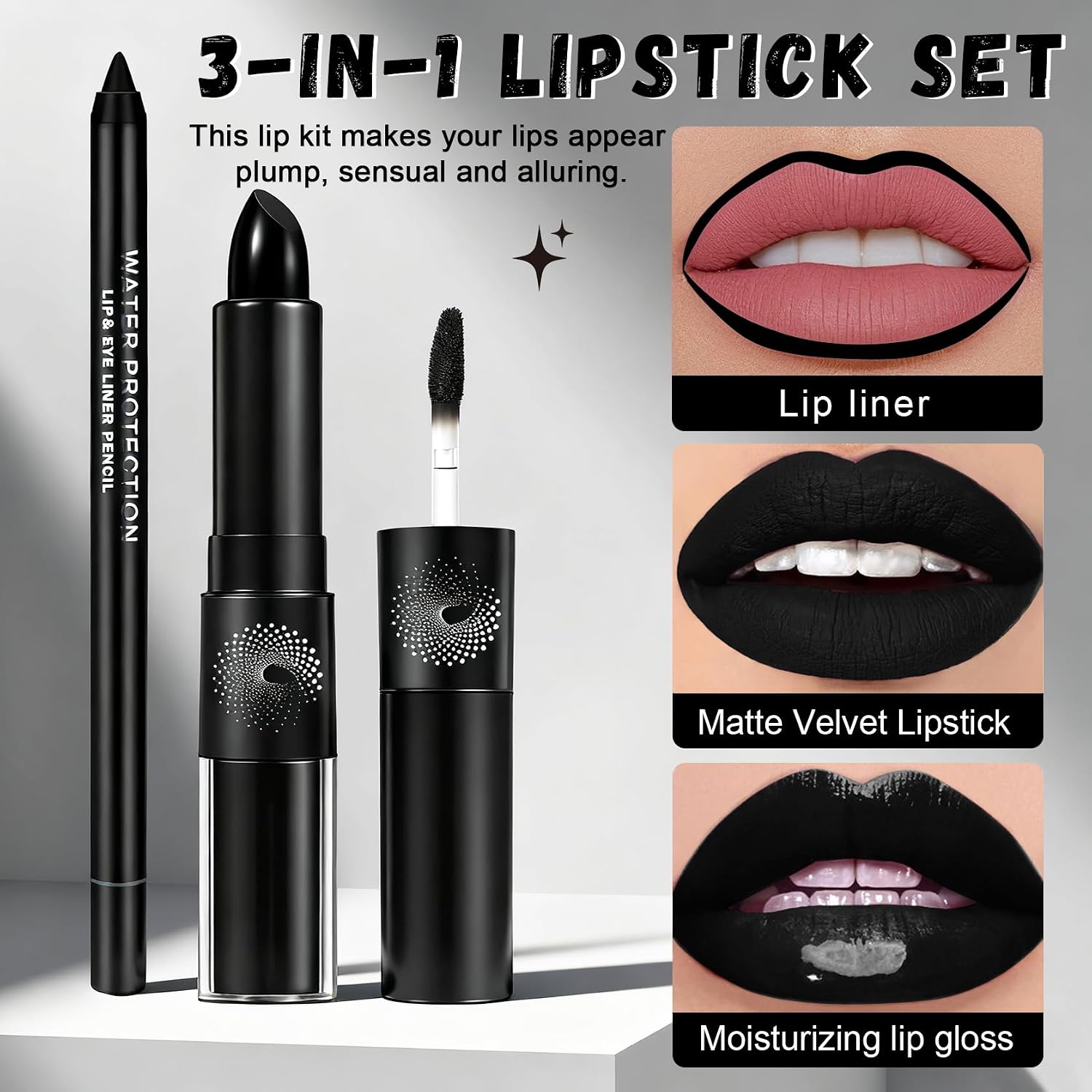 Black Lipstick Lip Liner Set,Double Head Liquid Lipstick Lip Gloss | Goth Makeup,Halloween Makeup,Soft and Silky