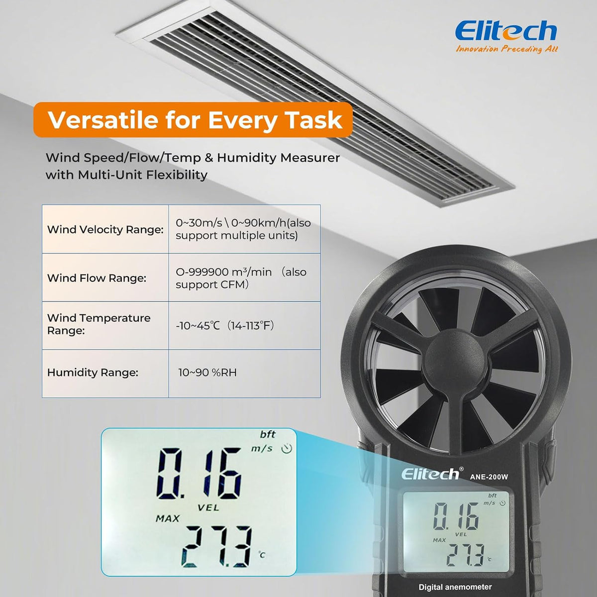 Elitech ANE-200W HVAC Anemometer, Air Flow & Temp Meter with Bluetooth