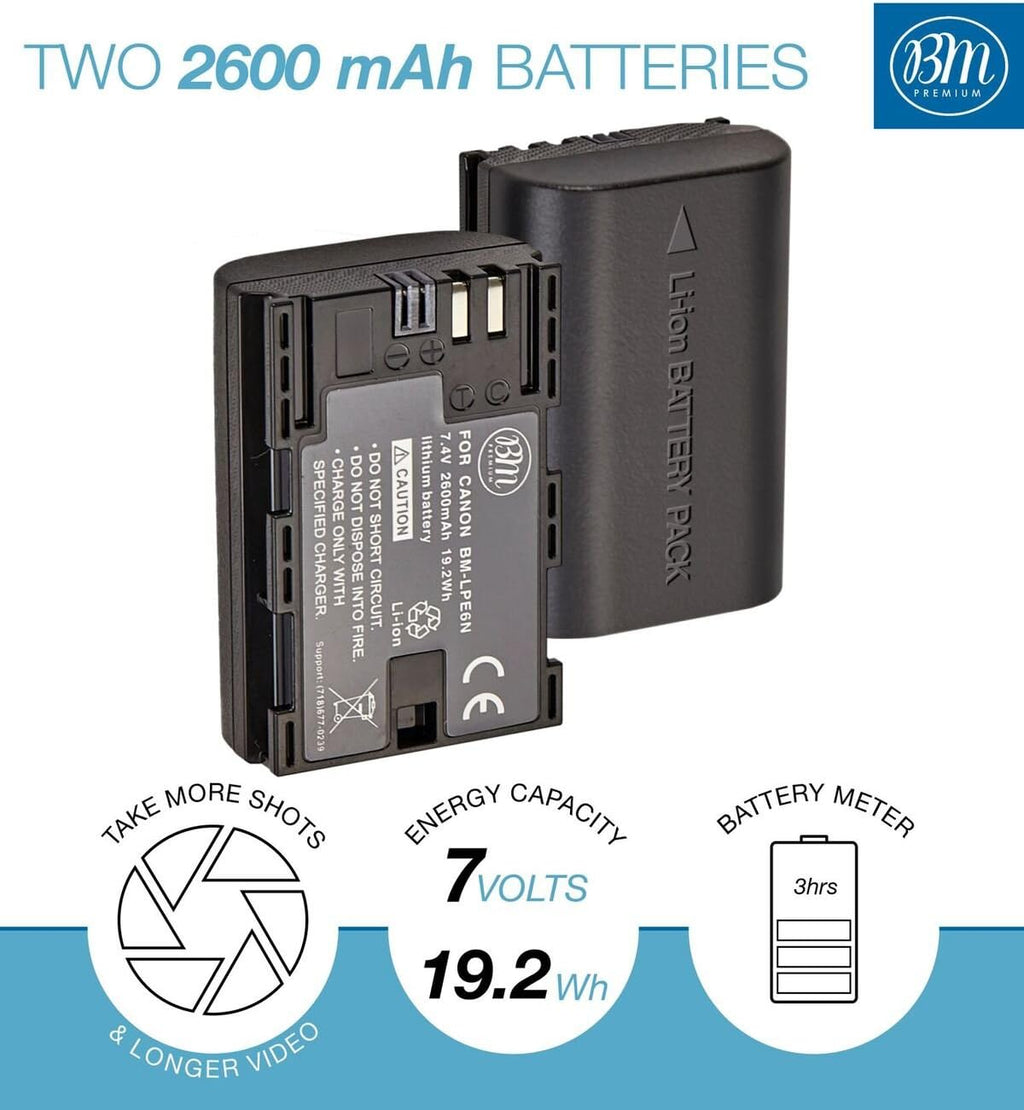 2-Pack LP-E6N Batteries with Dual Charger for Canon EOS Cameras | Compatible with Canon EOS R, 60D, 70D, 80D, 90D, 5D
