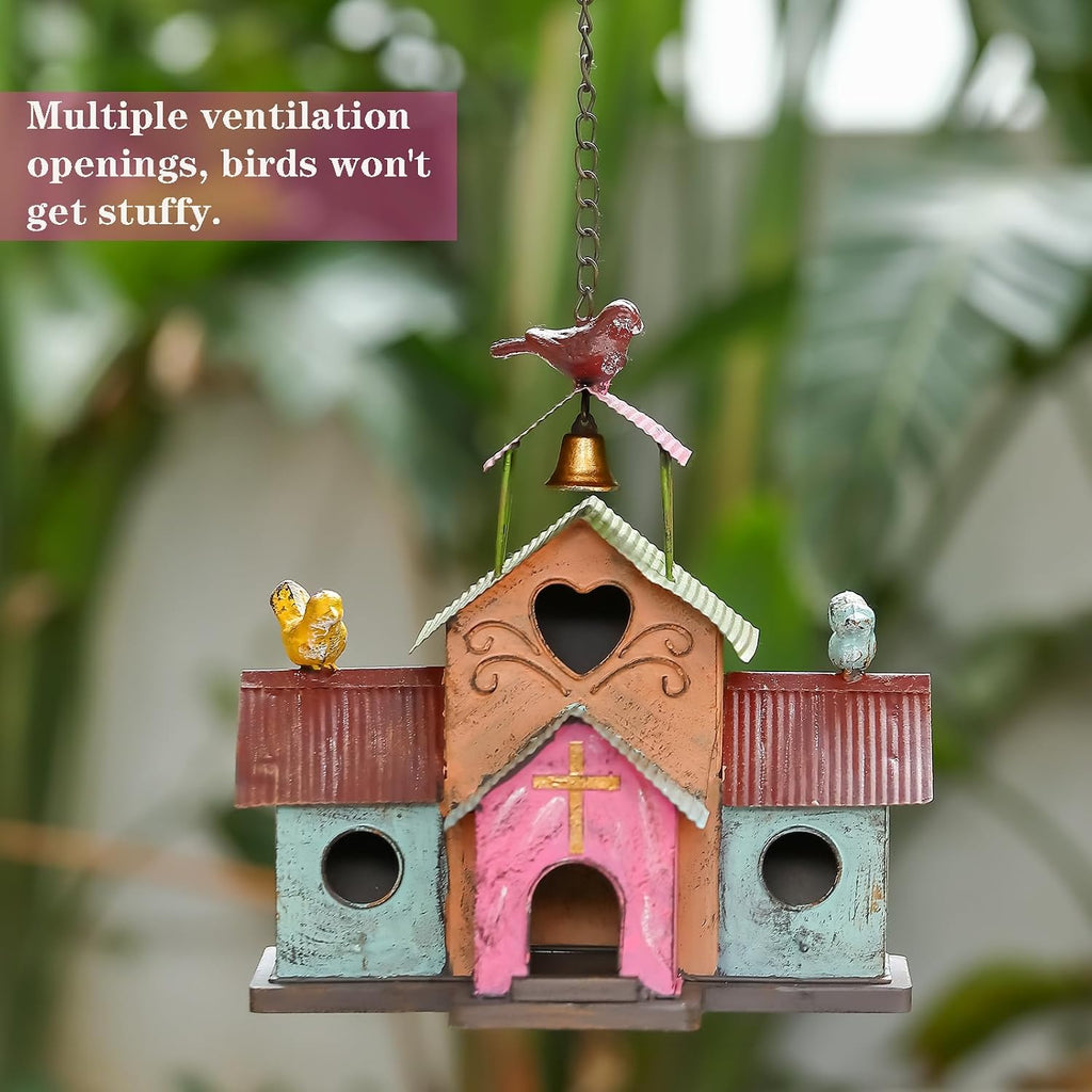 Large Bird Houses for Outside Hanging, 4 Hole Outdoor Bird House with Bell, Easy Clear, Colorful Metal Bird Houses