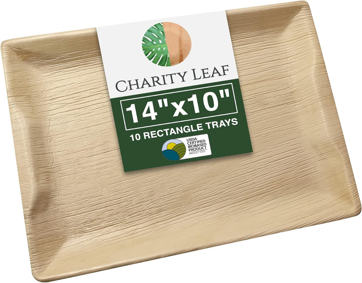 Disposable Bamboo 14" x 10" Trays (10 Pieces) Bamboo Serving Platters, Disposable Boards, Eco-Friendly Dinnerware For