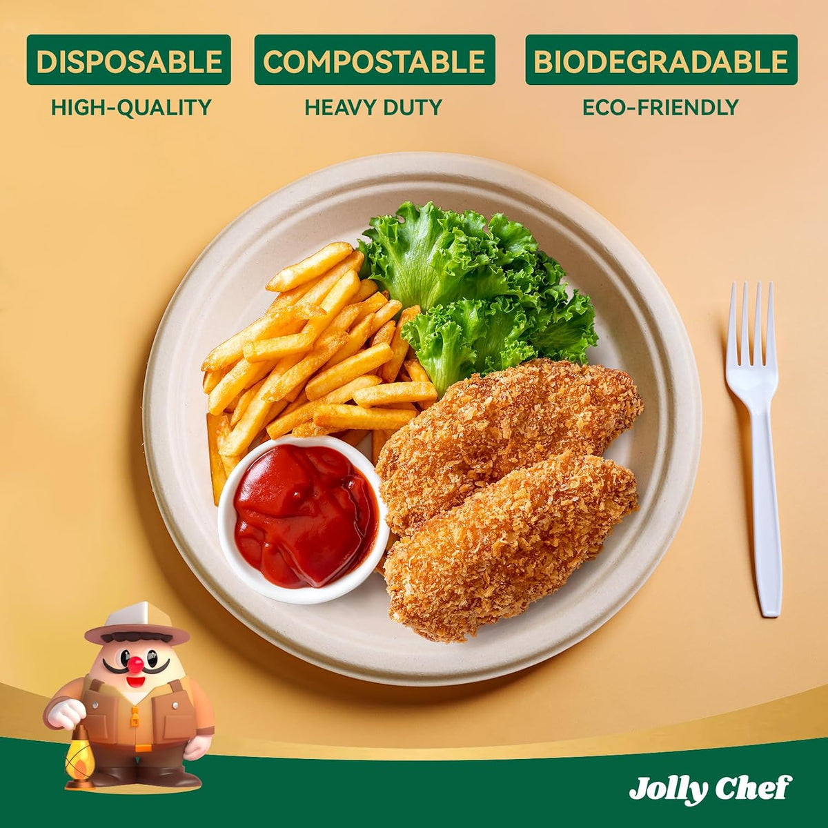 Compostable Heavy Duty 10 Inch 125 Pack Disposable Eco-Friendly Paper Plate