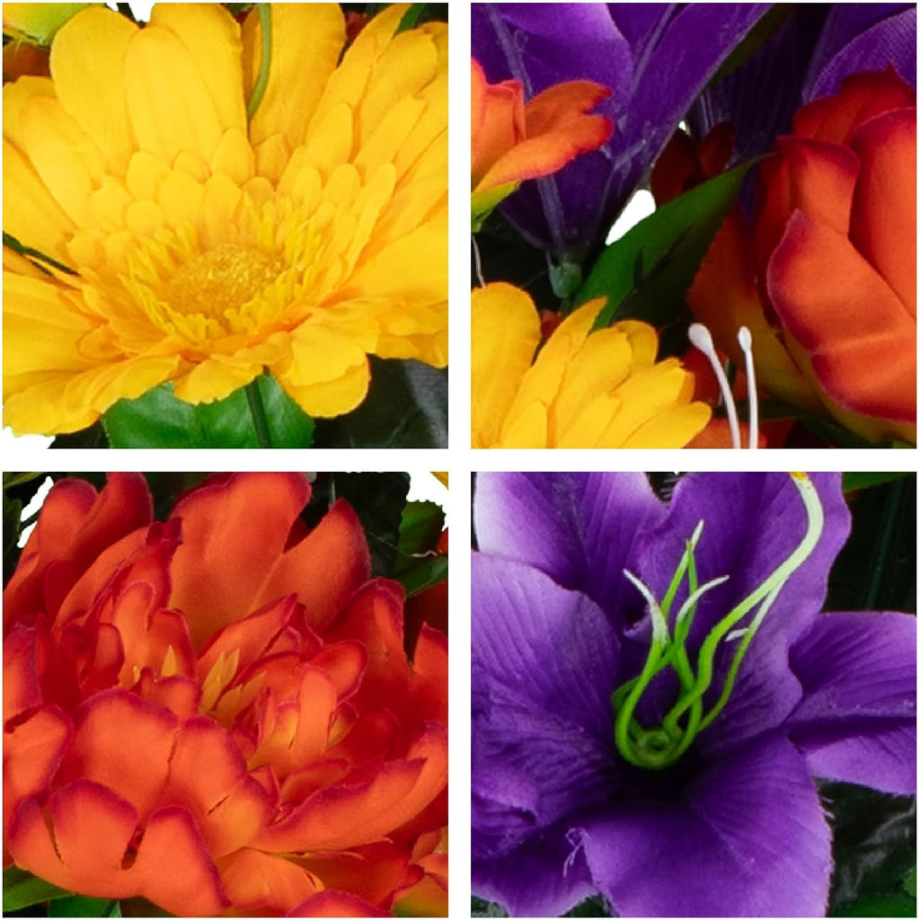 30" Headstone Flower Saddle Artificial Cemetery Flowers - Gravesite Flowers - Orange Peonies, Purple Lilies, and