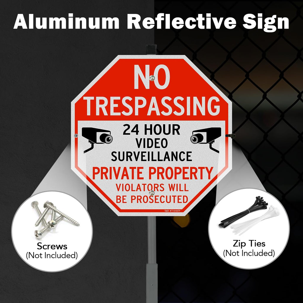 Large No Trespassing Private Property Sign Video Surveillance Sign with 36" Stake for Outside - 2 Pack - 12"x12" .040