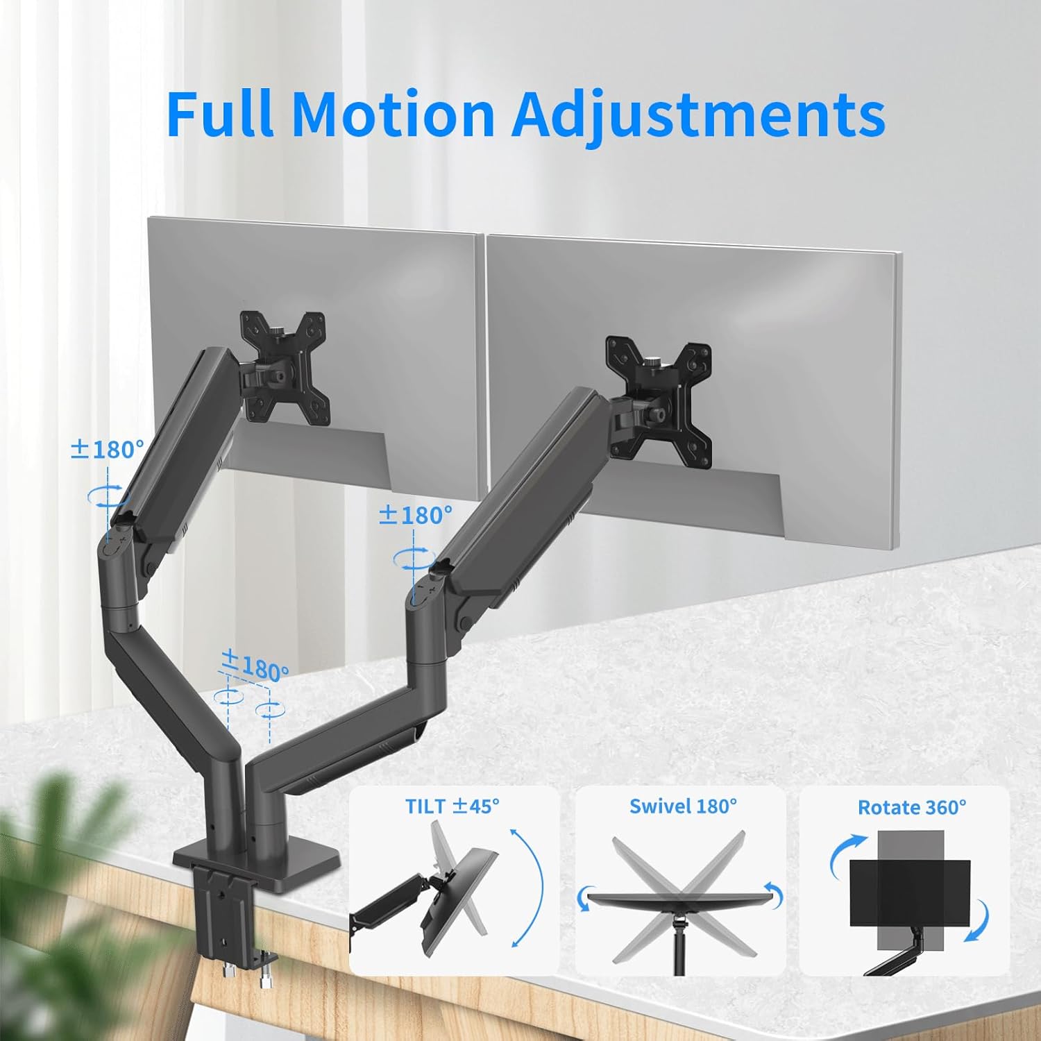 Dual Gas Spring Monitor Arm for 13-32 Inch Monitors, Desk Mount | Supports 19.8 lbs/Arm | Smooth Gas Spring | Full