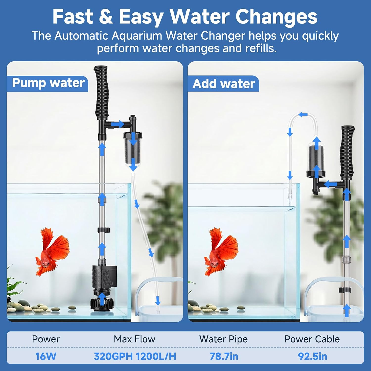 Aquarium Gravel Vacuum Cleaner, 8-in-1 Electric Fish Tank Cleaner with Automatic Water Change,320GPH Strong Suction