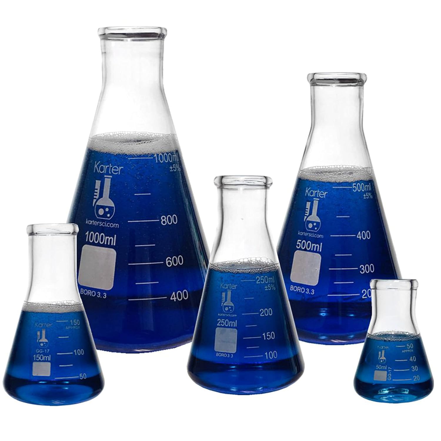 Glass Flask 5 Piece Set, Narrow Mouth Erlenmeyer, Borosilicate 3.3 Glass - 50ml, 150ml, 250ml, 500ml, 1L, 213B2