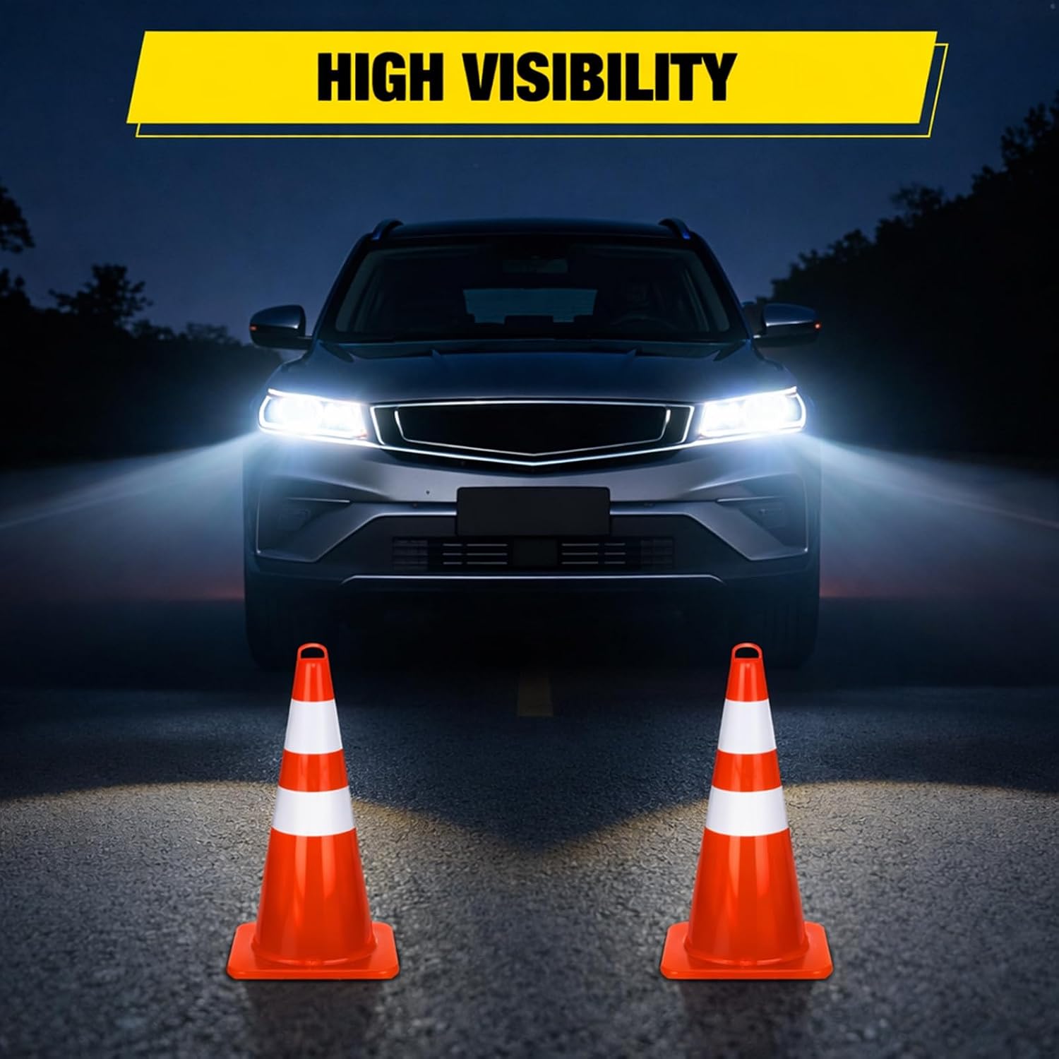 28 Inch PVC Traffic Safety Cones, 4-Pack | Flexible PVC Construction, With Reflective Collars, Ideal for Road Safety