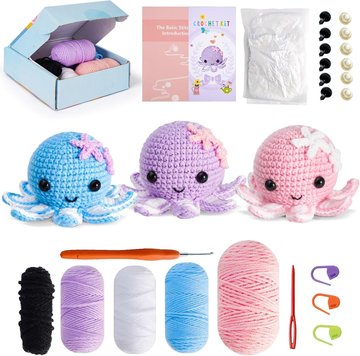 Crochet Kit for Beginners: Make 3 Cute Amigurumi Animals with Easy-to-Follow Video Tutorial, Complete Beginner