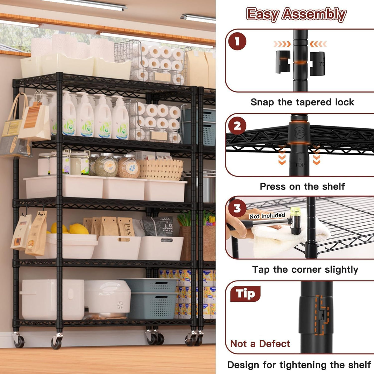 Storage Shelves, 5 Tier Heavy Duty Metal Shelving Unit with Wheels, 2000 LBS Adjustable Steel Wire Shelf for