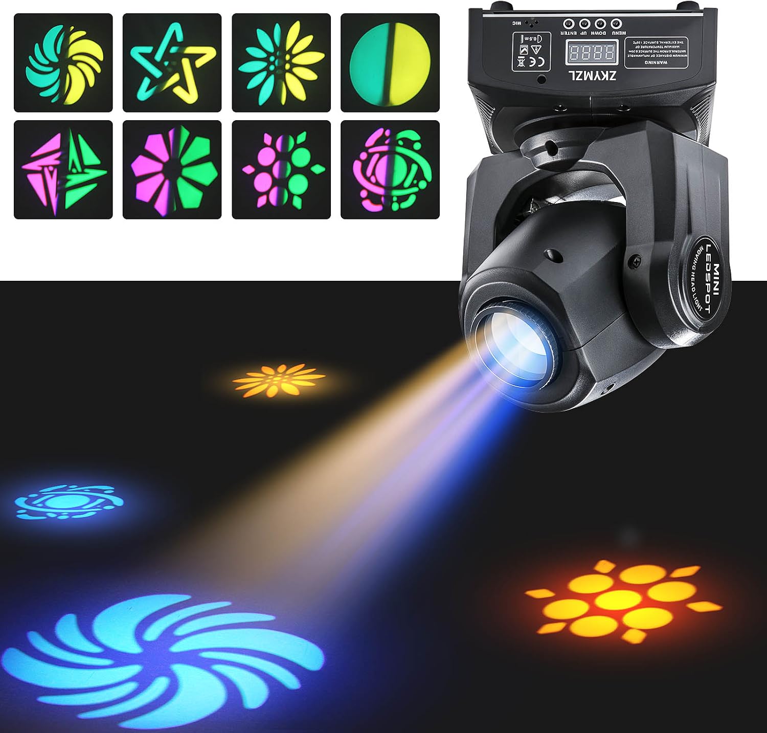 30W LED Moving Head DJ Lights DMX512 GOBO Spotlight with 8 Colors + Color-Split Effect 8 Rotating Patterns Compact