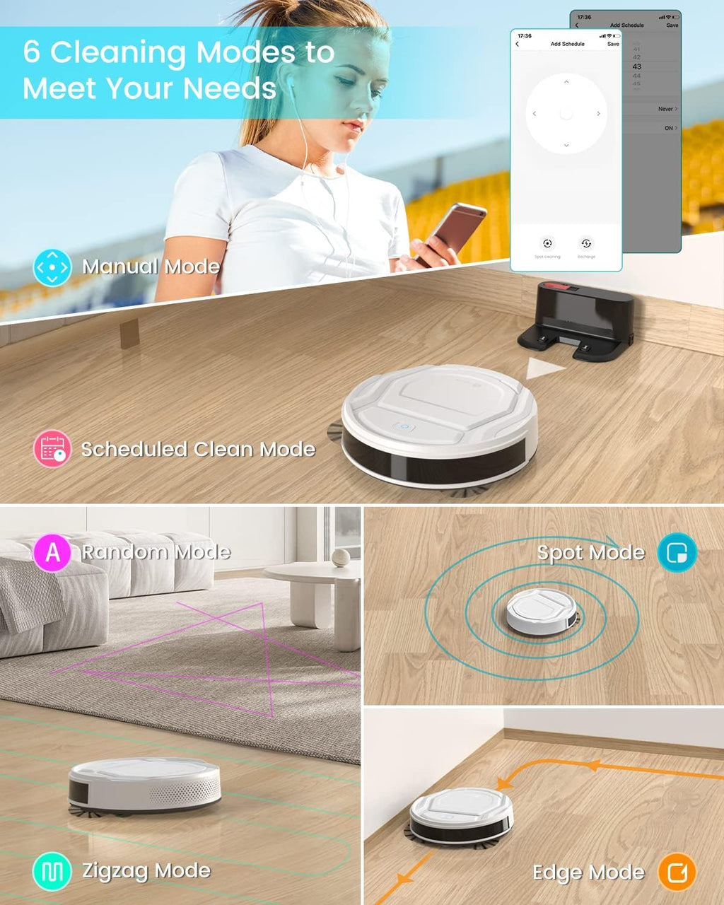 M210 Pro Robot Vacuum with 2200 Pa Powerful Suction, 6 Cleaning Modes, 120 Mins Runtime, Quiet, Self-Charging, Voice