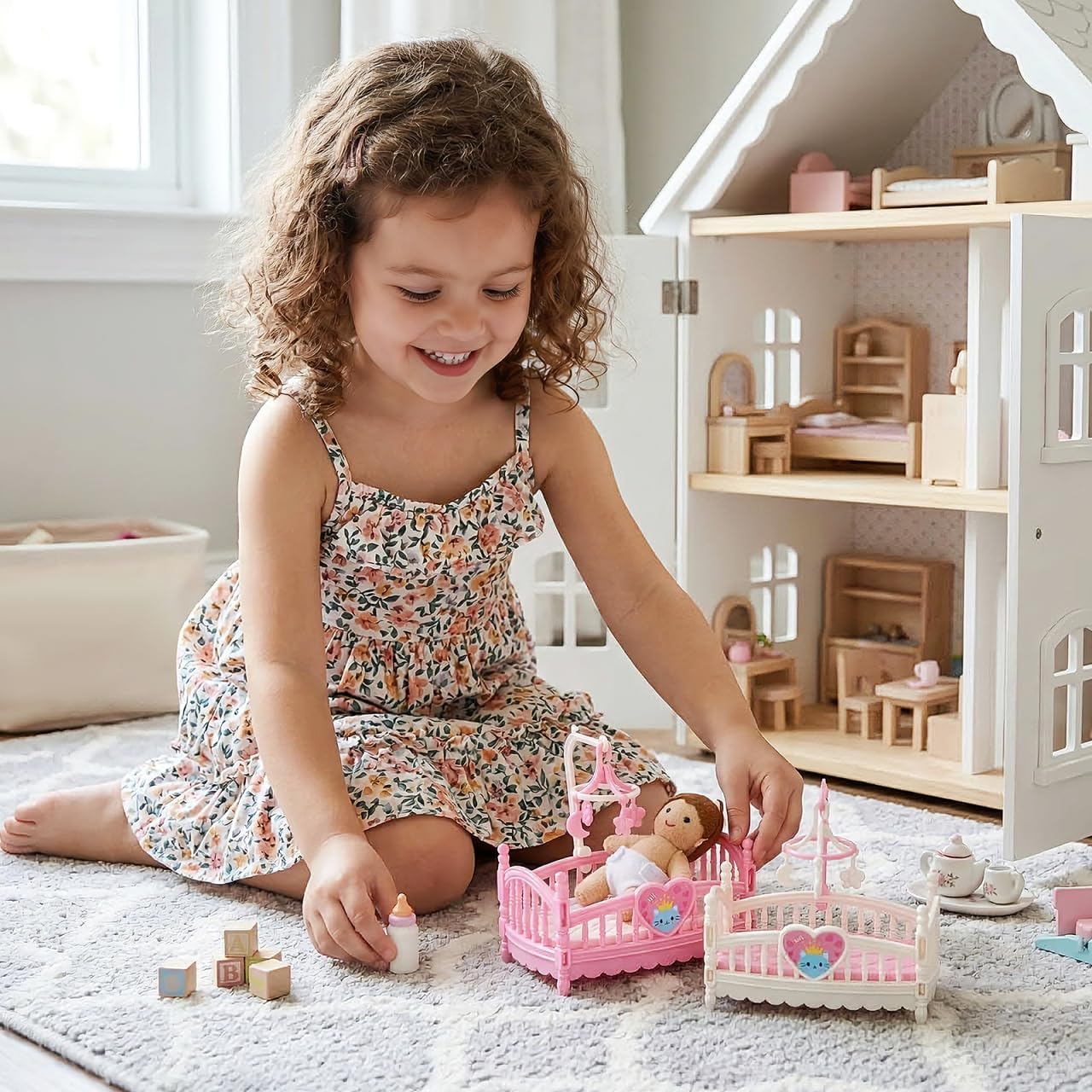 2pcs Mini Doll Cribs, Miniature Doll Beds Dollhouse Crib with Mobile for Mini House Furniture Set Miniature Dollhouse