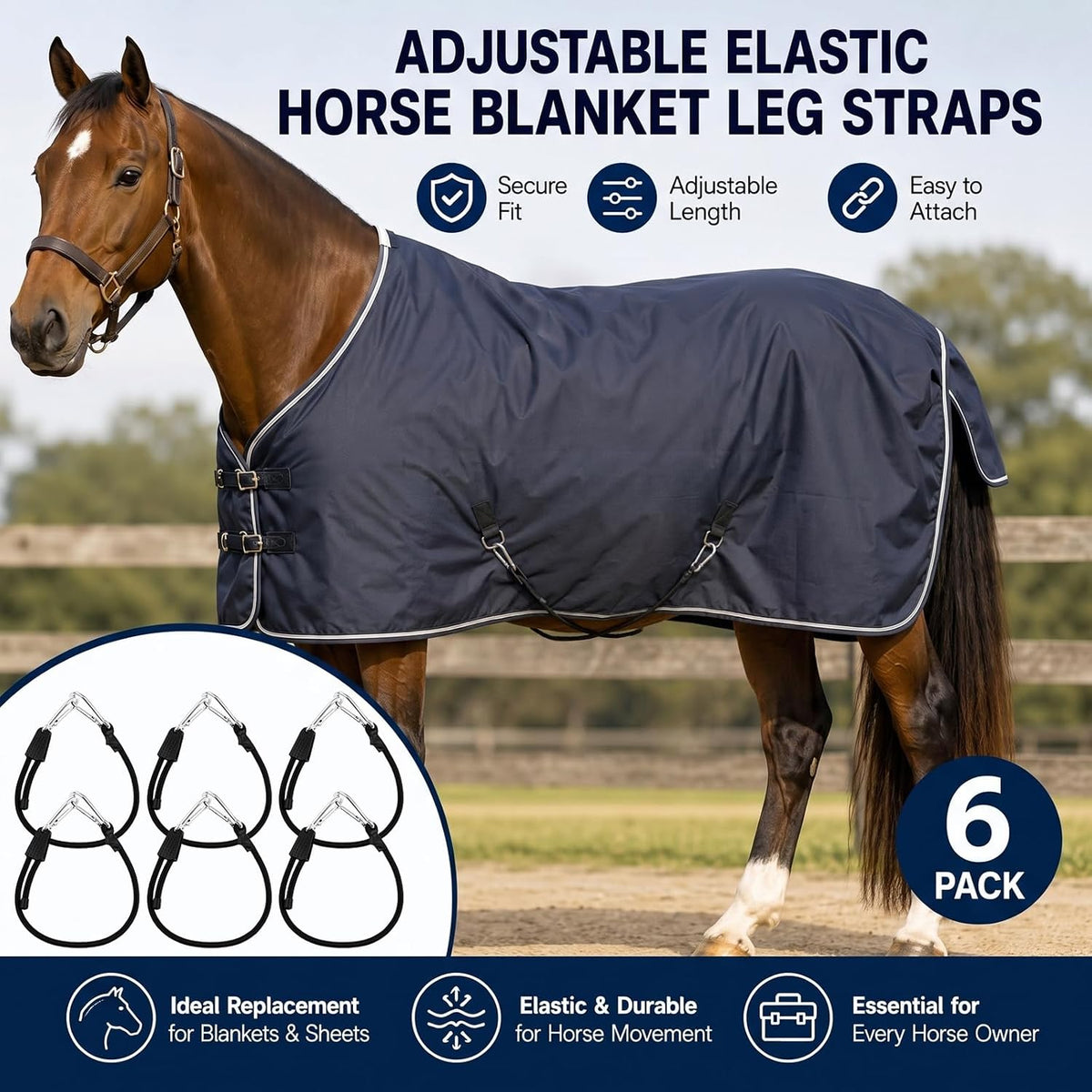 6 Adjustable Elastic Horse Blanket Leg Straps 20" Double End Clips