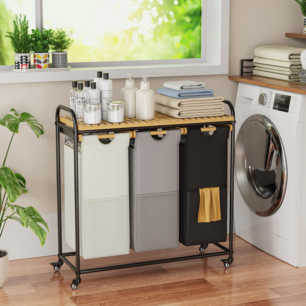 Laundry Hampers 3 Section, Laundry Sorter with Removable Shelf and Pull-Out Bags, Rolling Cart Clothes Hampers Basket