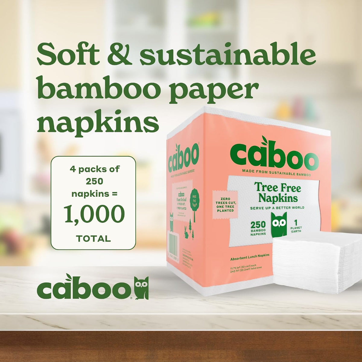 Tree Free Napkins, 4 Packs of 250, 1000 Total Napkins, Sustainable & Disposable Kitchen Napkin
