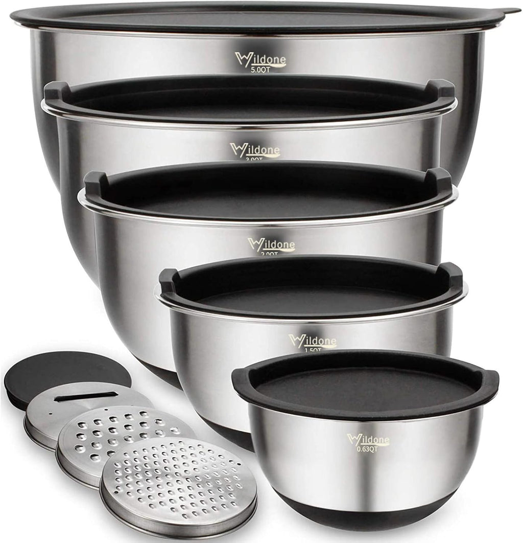 Mixing Bowls with Airtight Lids Set, 5PCS Stainless Steel Nesting Bowls for Kitchen, with Grater Attachments &