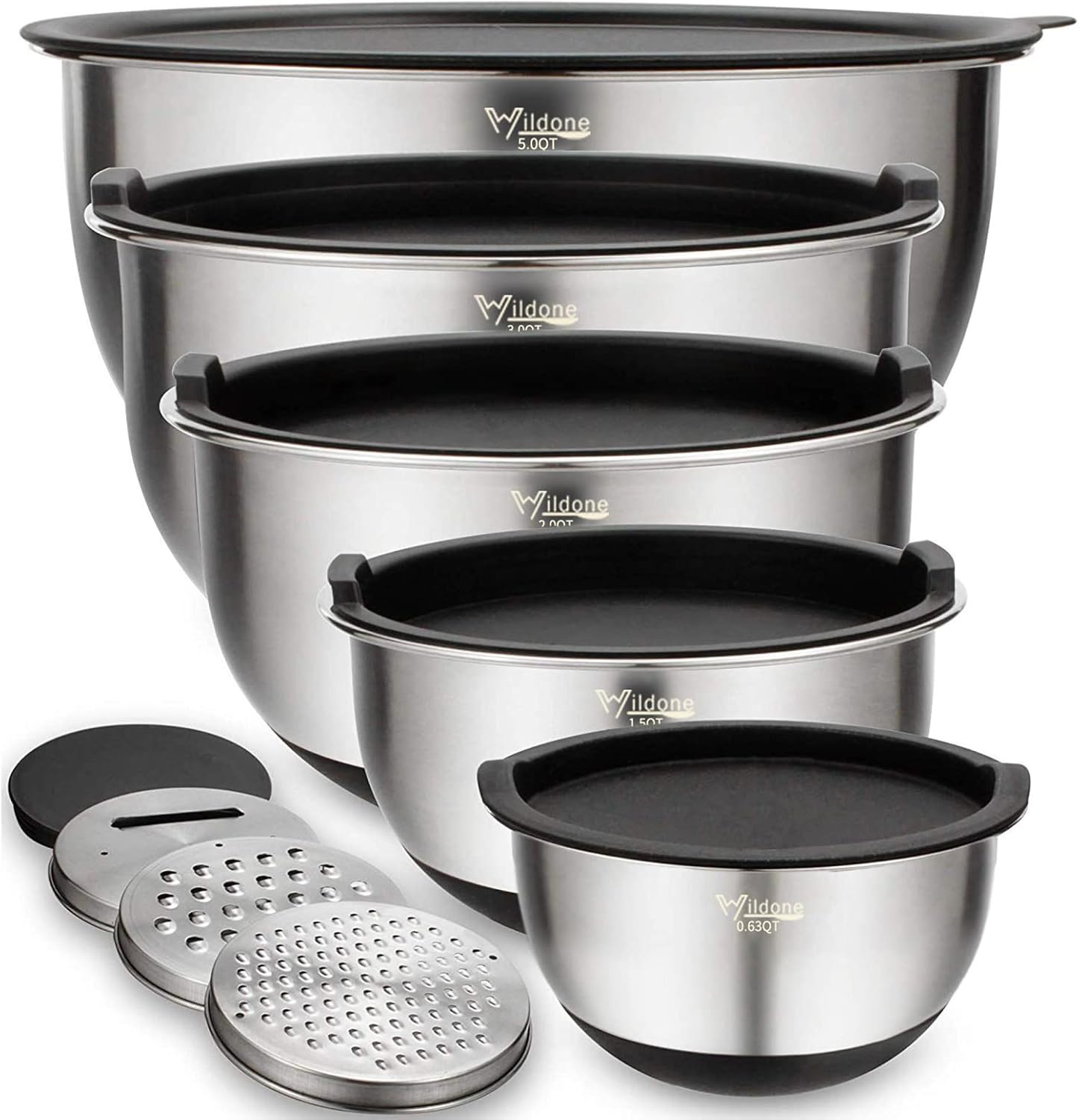 Mixing Bowls with Airtight Lids Set, 5PCS Stainless Steel Nesting Bowls for Kitchen, with Grater Attachments &