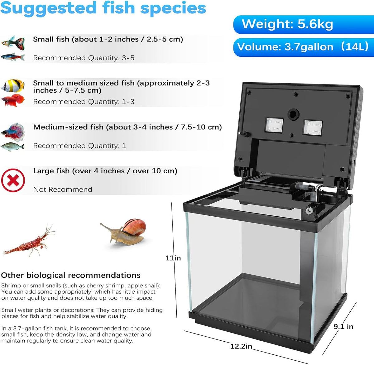 3.7 Gallon Aquarium Starter Kit Small Glass Fish Tank, Black