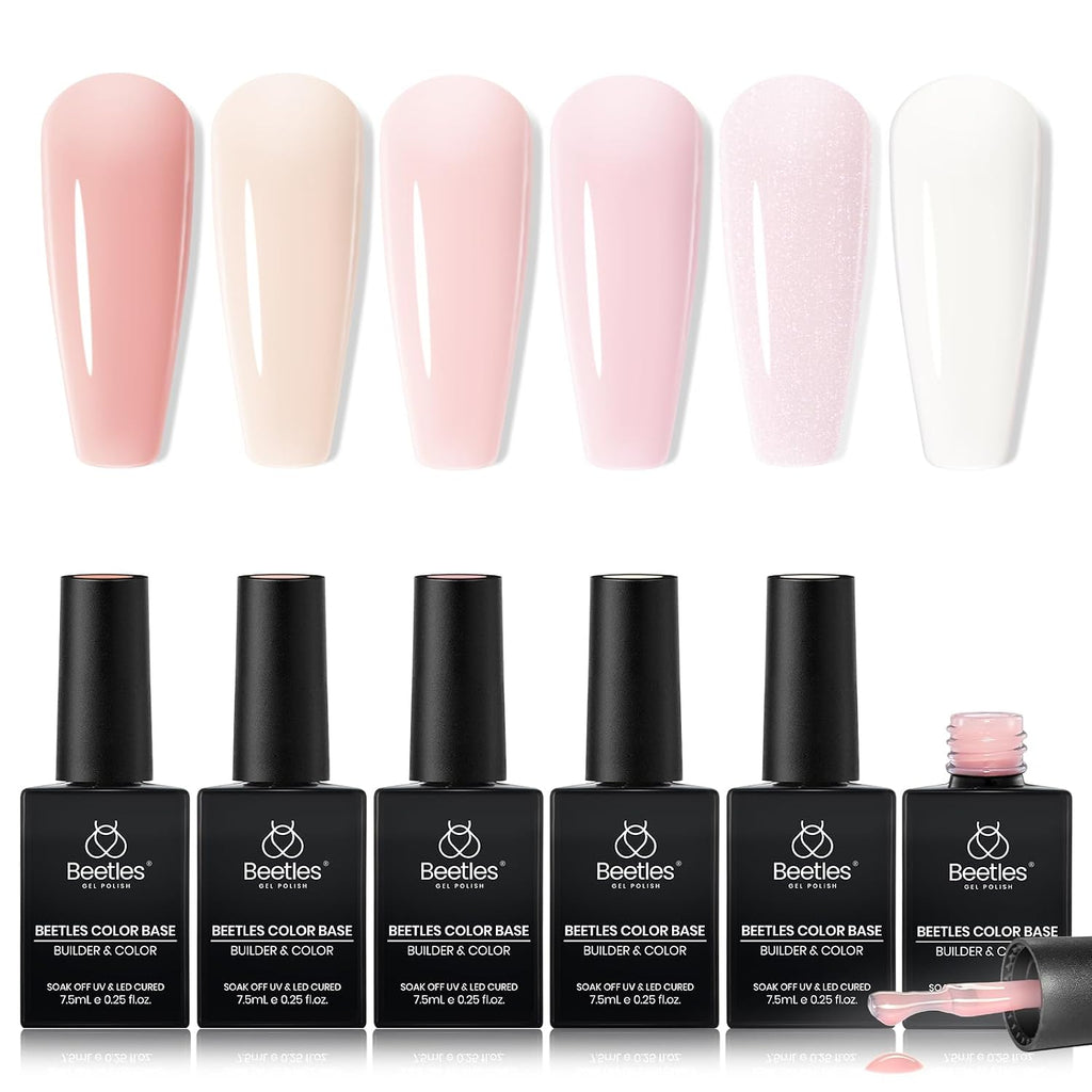 Beetles 6 Colors Rubber Base Gel Nail Polish Porcelain Pink 6Pcs 7.5ml | Nude Pink Glitter Base Color Gel Polish Set