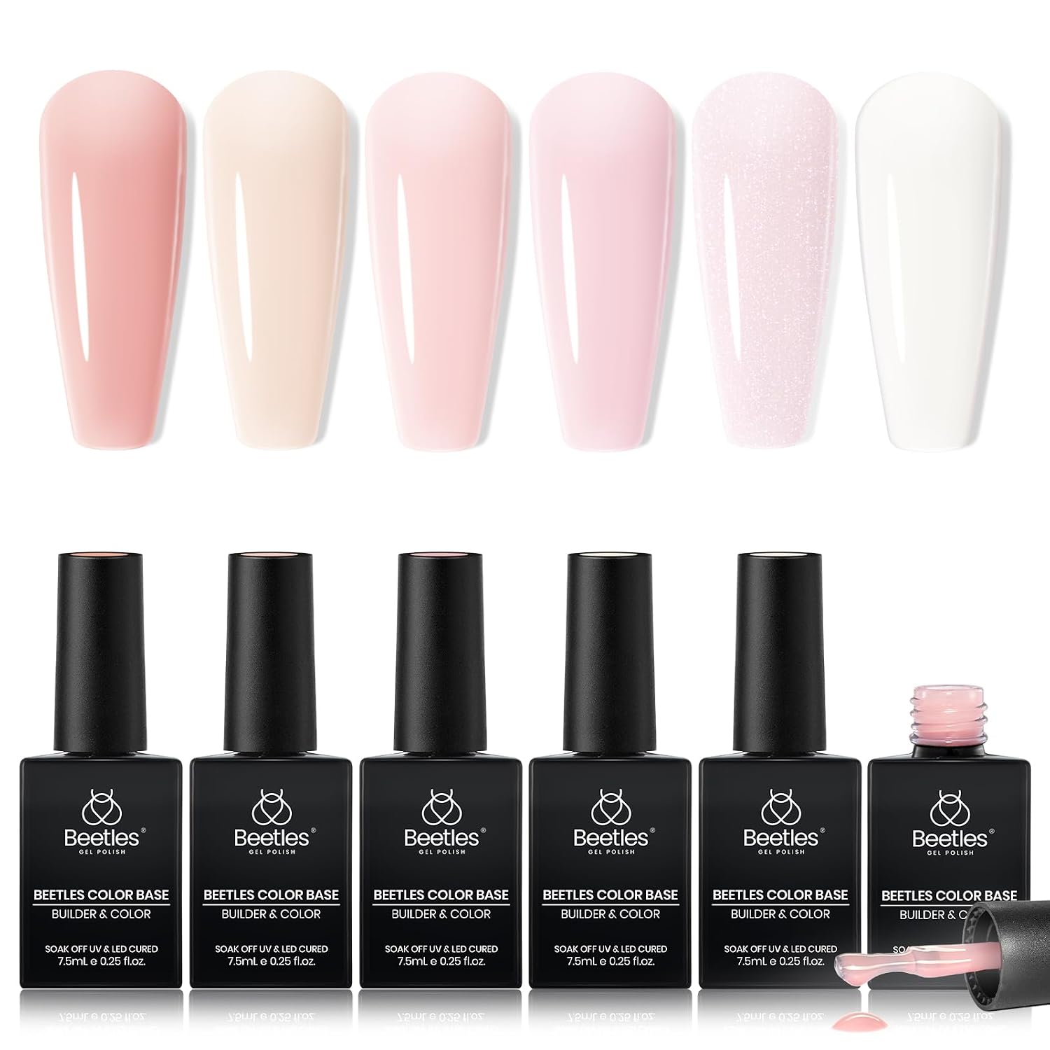 Beetles 6 Colors Rubber Base Gel Nail Polish Porcelain Pink 6Pcs 7.5ml | Nude Pink Glitter Base Color Gel Polish Set