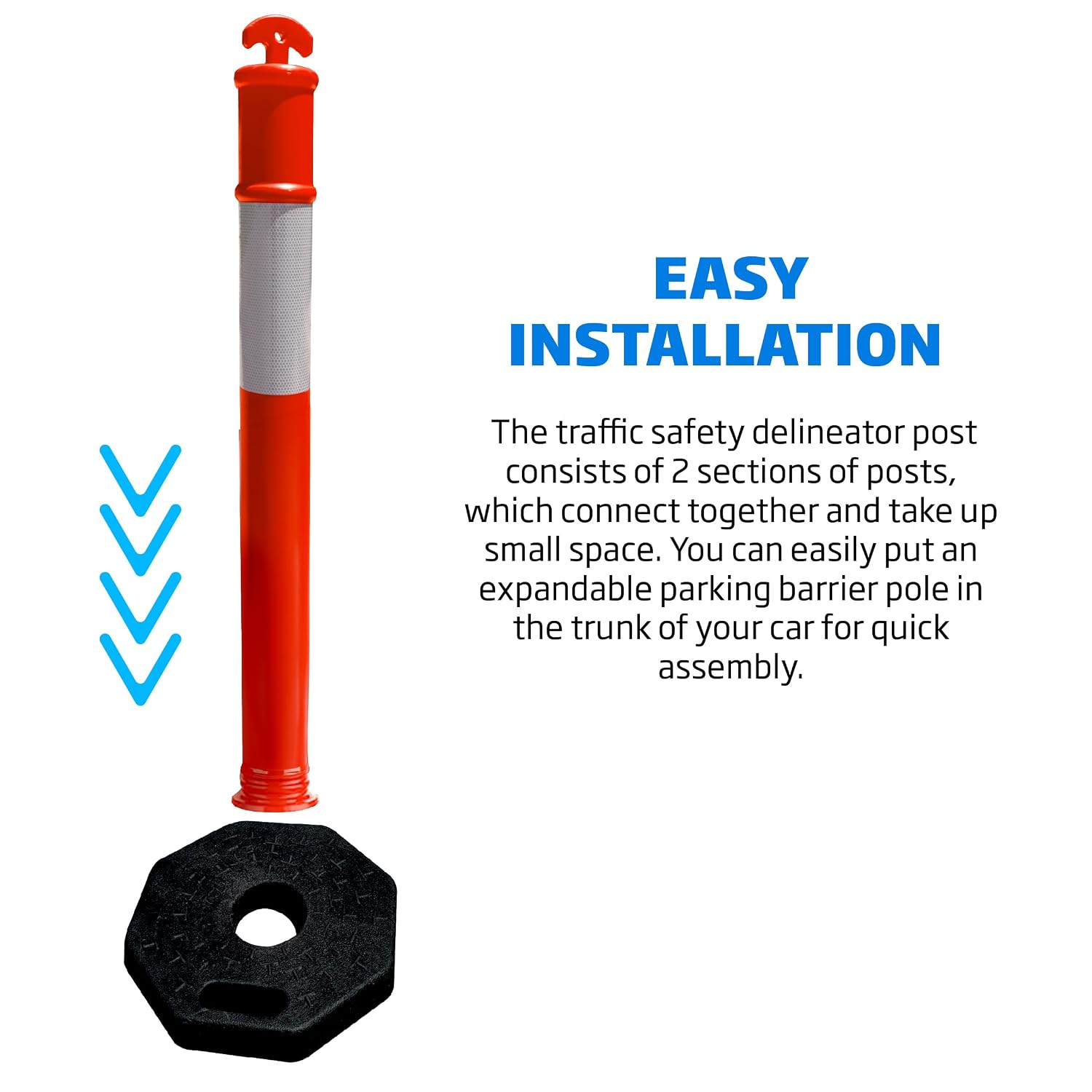 Orange Traffic Delineator Cone 45" Tall Reflective Collar for Safety Barrier with 15" x 15" Rubber Base for Traffic