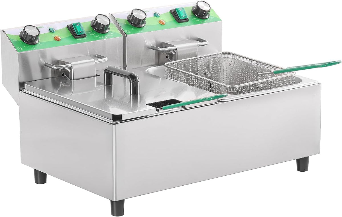 20L/21.2QT Commercial Deep Fryer with Timer Dual Tank Electric Countertop Fryer with Double Baskets and Lids, Temp