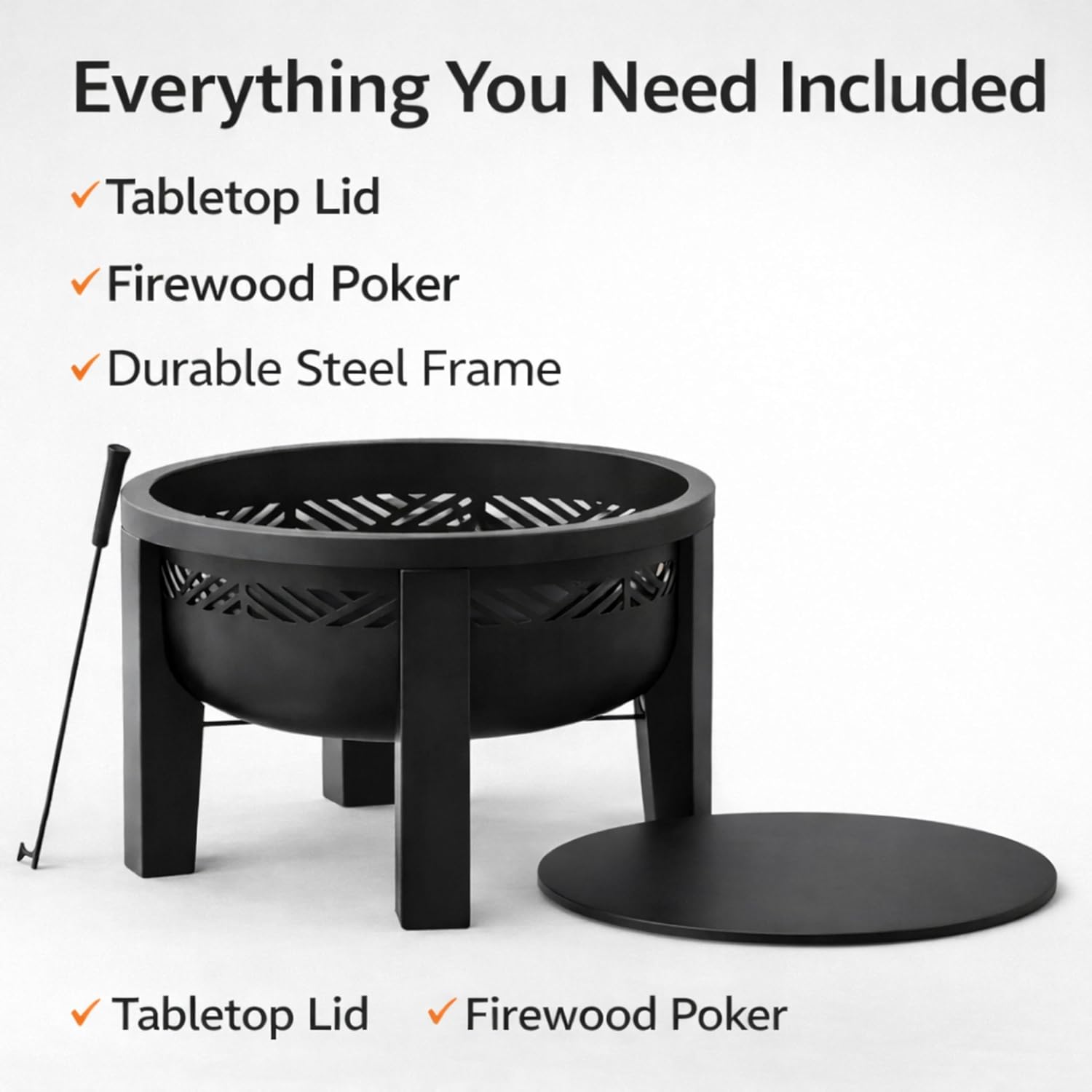 Fire Chief Wood Burning Fire Pit with Tabletop Lid, 26 Inch Outdoor Fire Pit Table for Patio, Deck and Backyard
