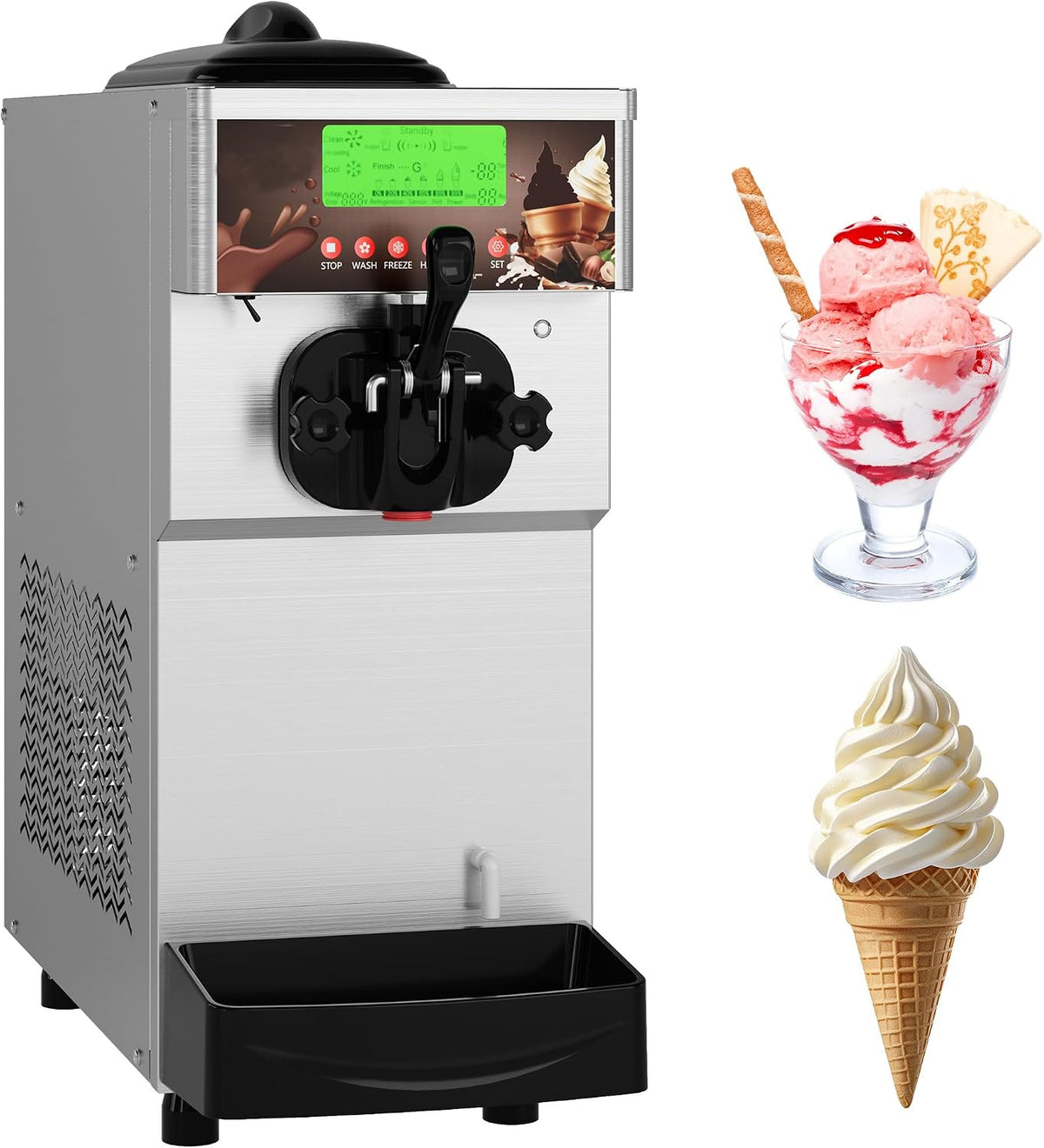 1500W Single Flavor Commercial Soft Ice Cream Maker, 5.3-7.4 Gal/Hr Soft Serve Ice Cream Machine with 5" Display
