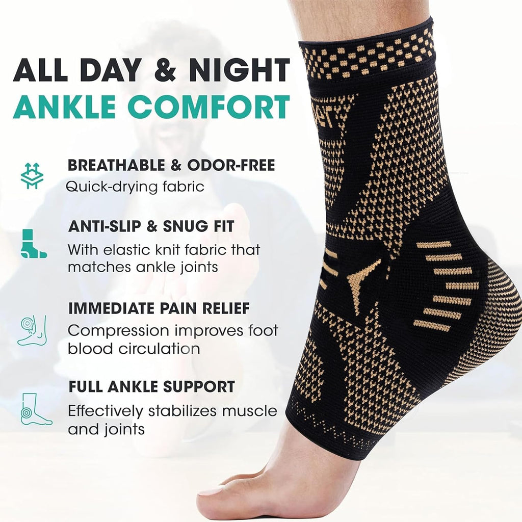 Ankle Brace for Sprained Ankle Compression Sleeve, 2 Pack Copper Infused Ankle Support Brace for Women & Men, Plantar
