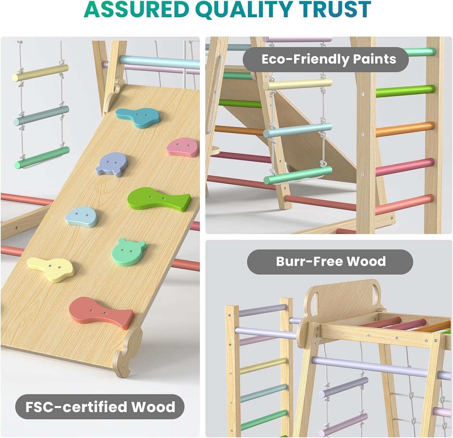 Upgraded Indoor Jungle Gym 9-in-1 Playground Kids Climbing Toys, Waldorf Style Wooden Climber Playset with Slide