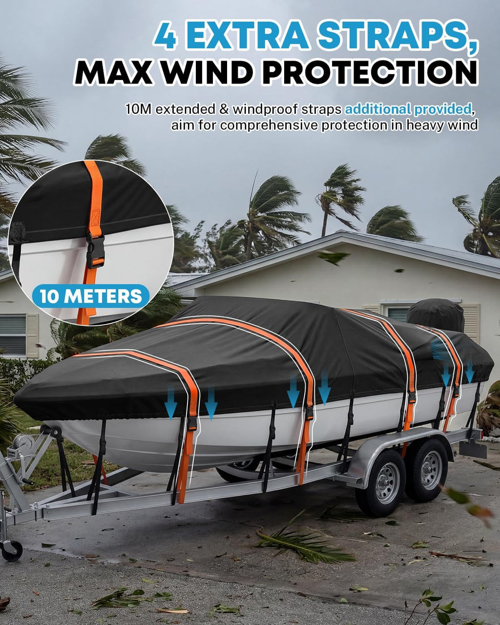 Boat Cover 16-18.5ft, Heavy Duty 1200D Marine-Grade Waterproof | 13 + Extra 4 Extended Straps, Trailerable