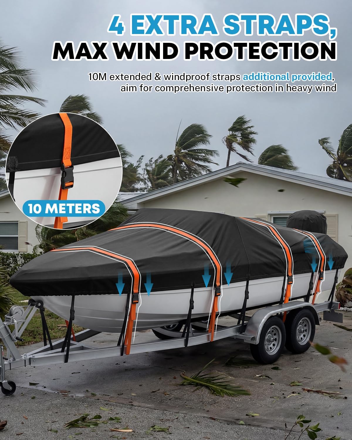Boat Cover 16-18.5ft, Heavy Duty 1200D Marine-Grade Waterproof | 13 + Extra 4 Extended Straps, Trailerable