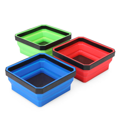 PR1ME Collapsible Magnetic Parts Tray Set, Foldable Magnetic Tray, 3 Pieces 4.25 inch Square Silicone Bowls with